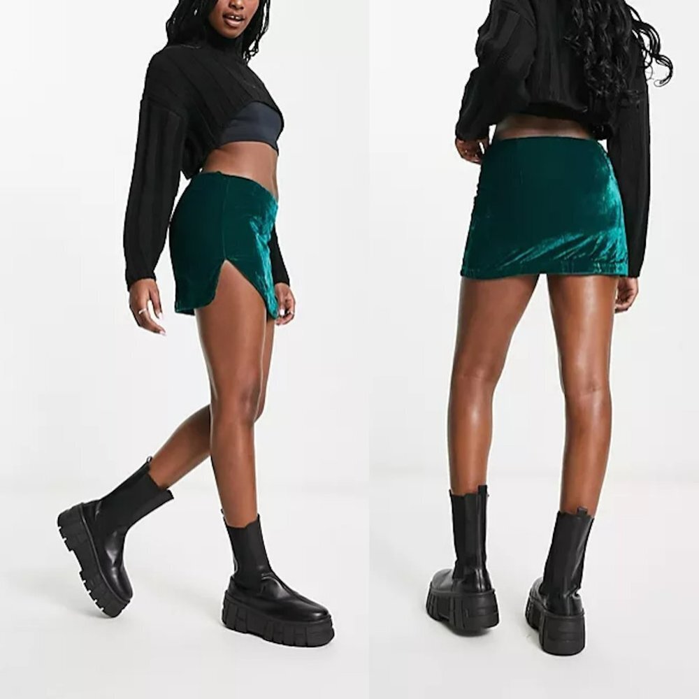 NWT New Free People Annalise Deep Teal Green Velvet Mini Skirt Size 12